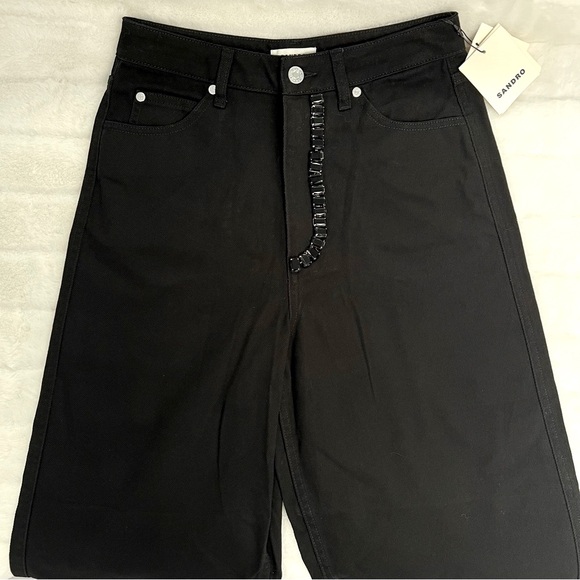 NWT Sandro Cristelle High Rise Wide Leg Black Jeans Embellished w Black Crystals - Picture 7 of 13